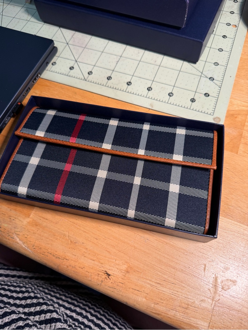 Brooks Brothers Navy Plaid Wallet with Brown Trim and Red Stripe
